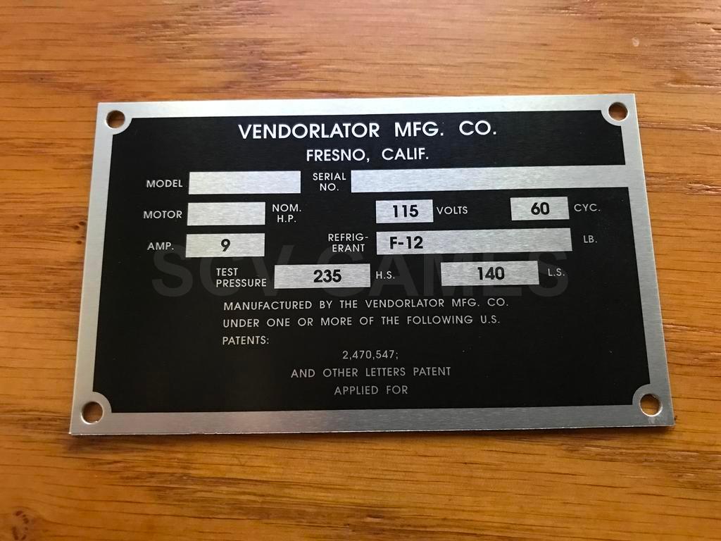 Vendorlator (VMC) 33, 72, 88 and other models Serial Plate New